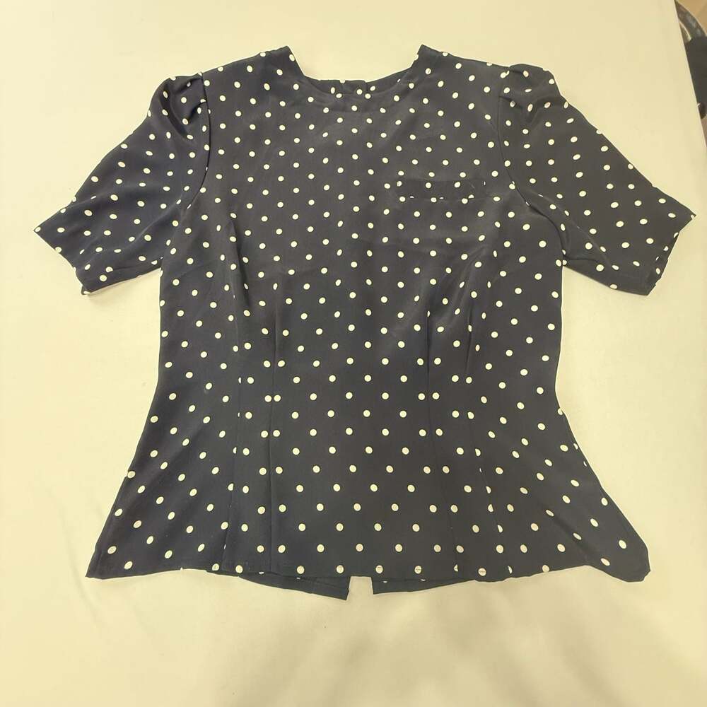 Vintage Navy Blue Polka Dot Short Sleeve Blouse with Back and Gold Buttons